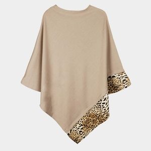 Taupe Black Leopard Print Trimmed Poncho Sweater Fashion Statement Accessories